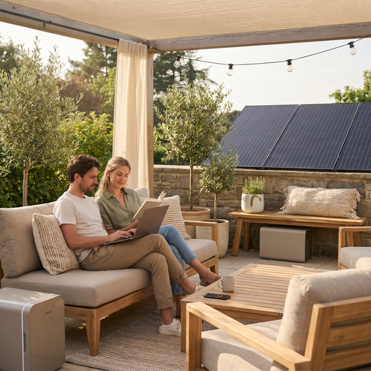 Balkonkraftwerk mit Speicher auf einer modernen Terrasse zur nachhaltigen Stromversorgung