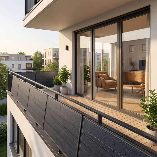 Balkonkraftwerk mit Solarmodulen am Balkongeländer einer modernen Wohnung