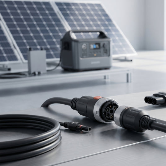 Dongles und Verbindungskabel für Powerstation und Solarmodul zur mobilen Stromversorgung