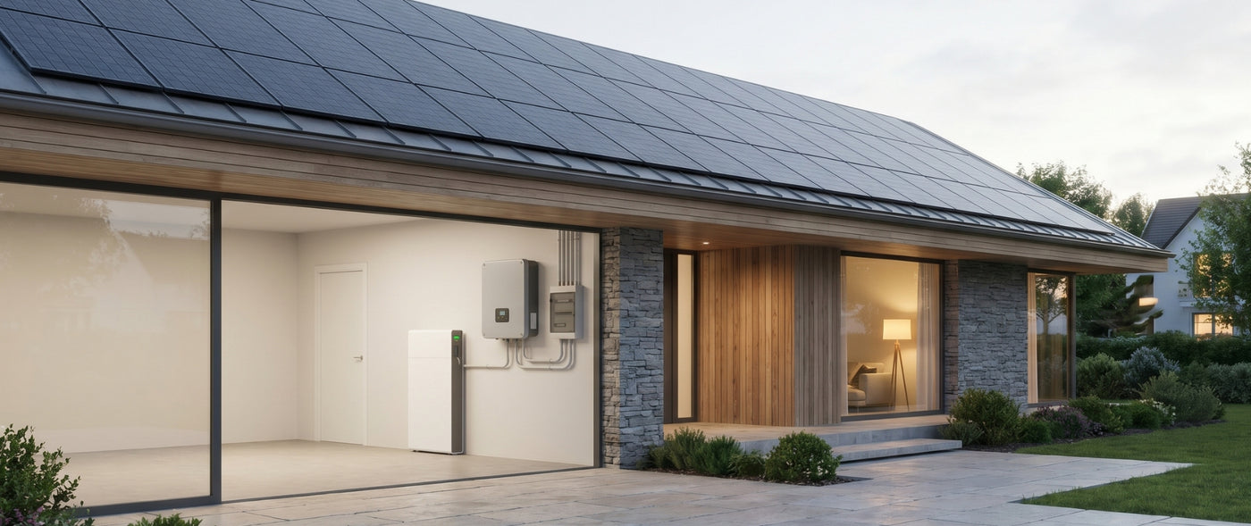 Notstrombox mit Heimspeicher und Wechselrichter an einem modernen Haus mit PV-Anlage auf dem Dach