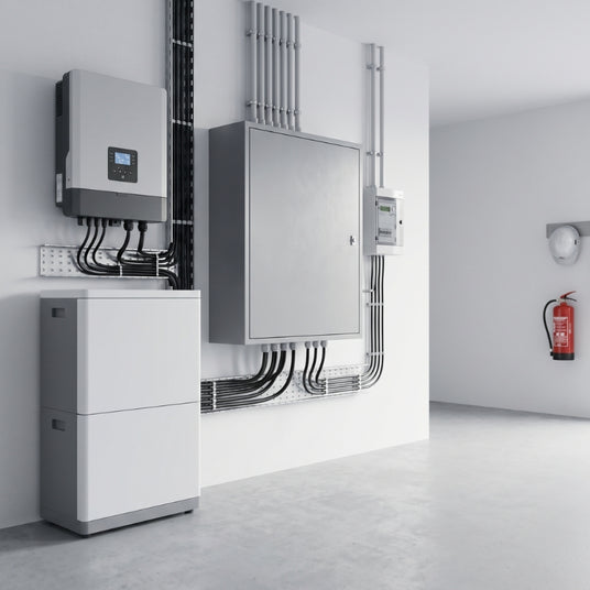 Notstrombox mit Wechselrichter, Heimspeicher und Stromverteilung im Technikraum eines Hauses