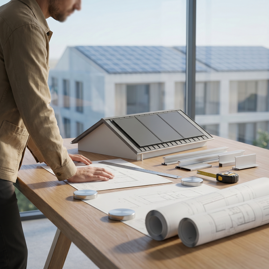 PV-Montageplanung mit Schrägdach-Modell, Montageschienen und technischen Zeichnungen