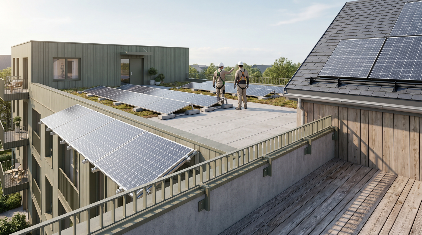 PV-Montagesysteme mit Solarmodulen auf Flachdach, Balkon und Schrägdach eines Wohngebäudes
