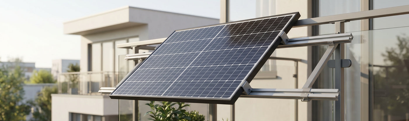 Solarmodul mit Balkonhalterung am Geländer eines modernen Wohngebäudes