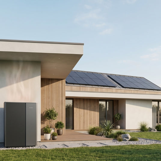 Wärmepumpe im Außenbereich vor einem modernen Einfamilienhaus mit PV-Anlage auf dem Dach