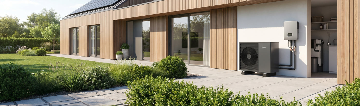 Wärmepumpe an einem modernen Holzhaus mit PV-Anlage auf dem Dach und Garten