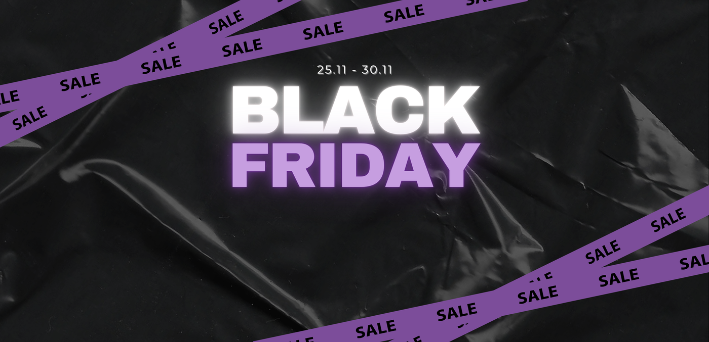 Black-Friday-Angebote mit violetten Sale-Bändern auf schwarzem Hintergrund.