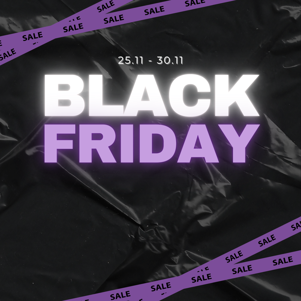 Black Friday Rabattaktion mit auffälligen violetten Sale-Bändern.