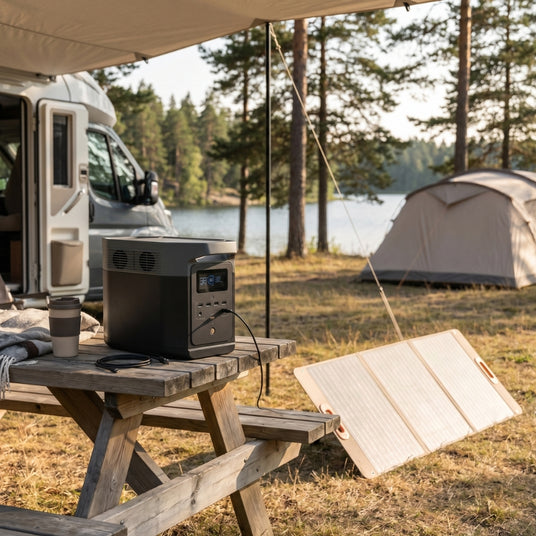 Anker Powerstation mit faltbarem Solarmodul beim Camping am See neben Camper und Zelt