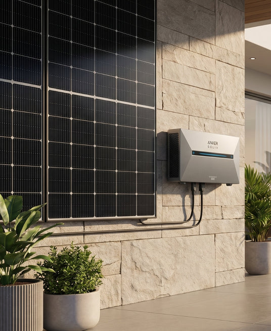 Anker SOLIX Speicher mit Solarmodulen an einer Hauswand für ein Balkonkraftwerk