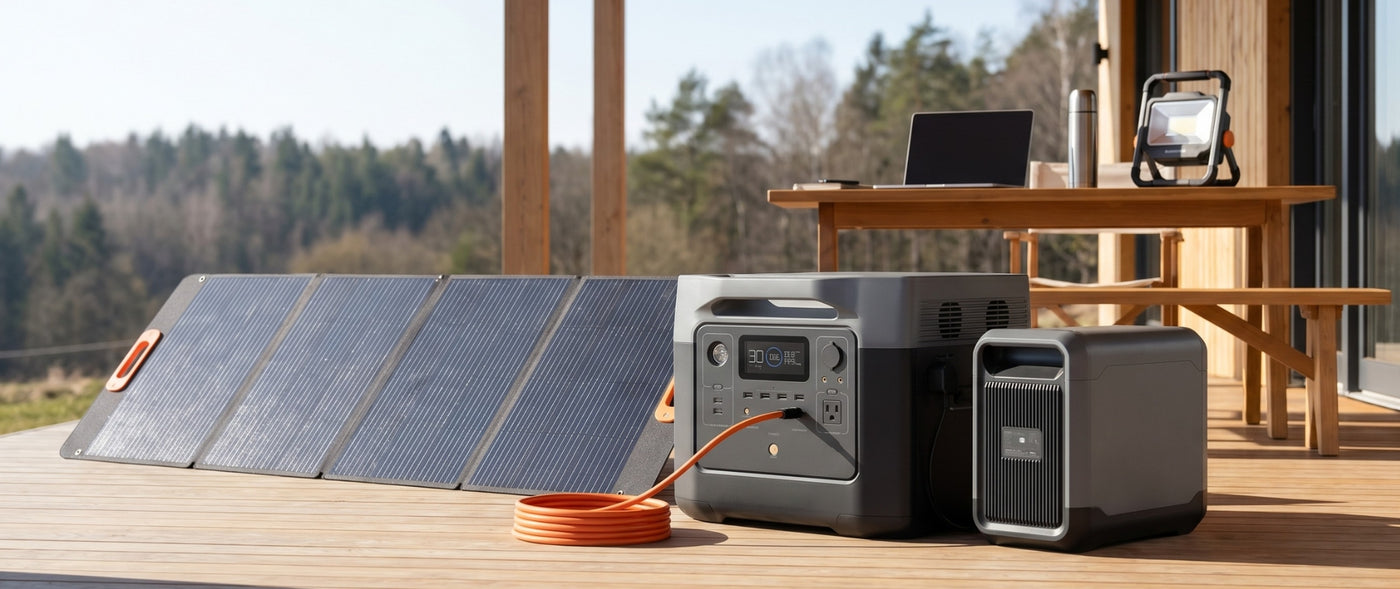 BLUETTI Powerstation mit Solarmodul auf einer Holzterrasse zur mobilen Stromversorgung