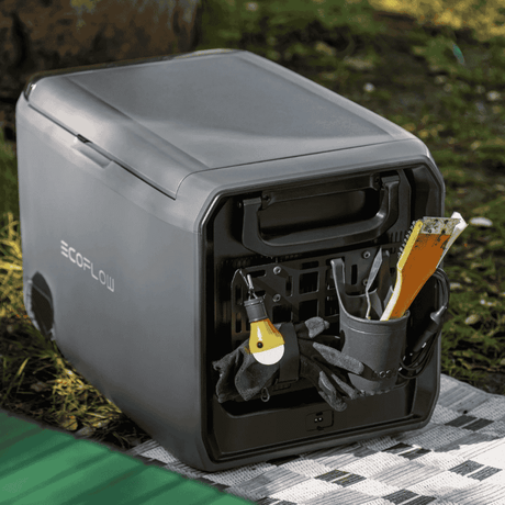 EcoFlow Glacier Classic Kühlbox mit abnehmbarem Staufach für Outdoor-Zubehör beim Camping