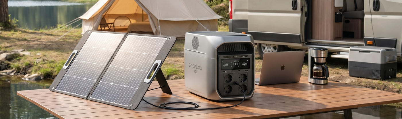 EcoFlow Powerstation mit Solarmodul beim Camping neben Zelt und Camper