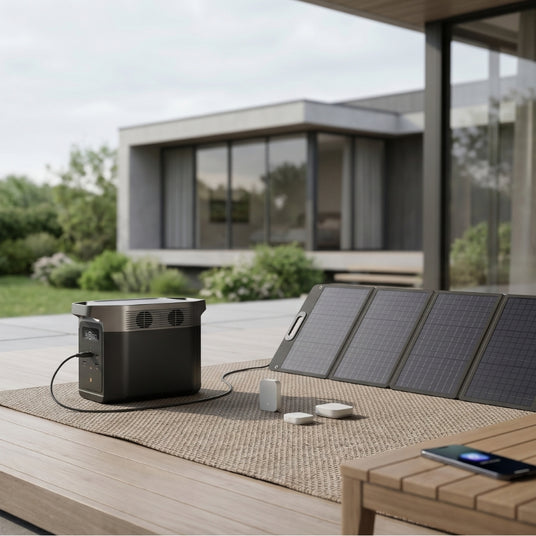 EcoFlow Powerstation mit faltbarem Solarmodul auf einer modernen Terrasse zur mobilen Stromversorgung