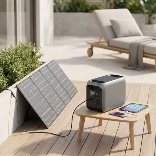 EcoFlow Powerstation mit Solarmodul auf einer Terrasse zur mobilen Stromversorgung von Smartphone und Tablet