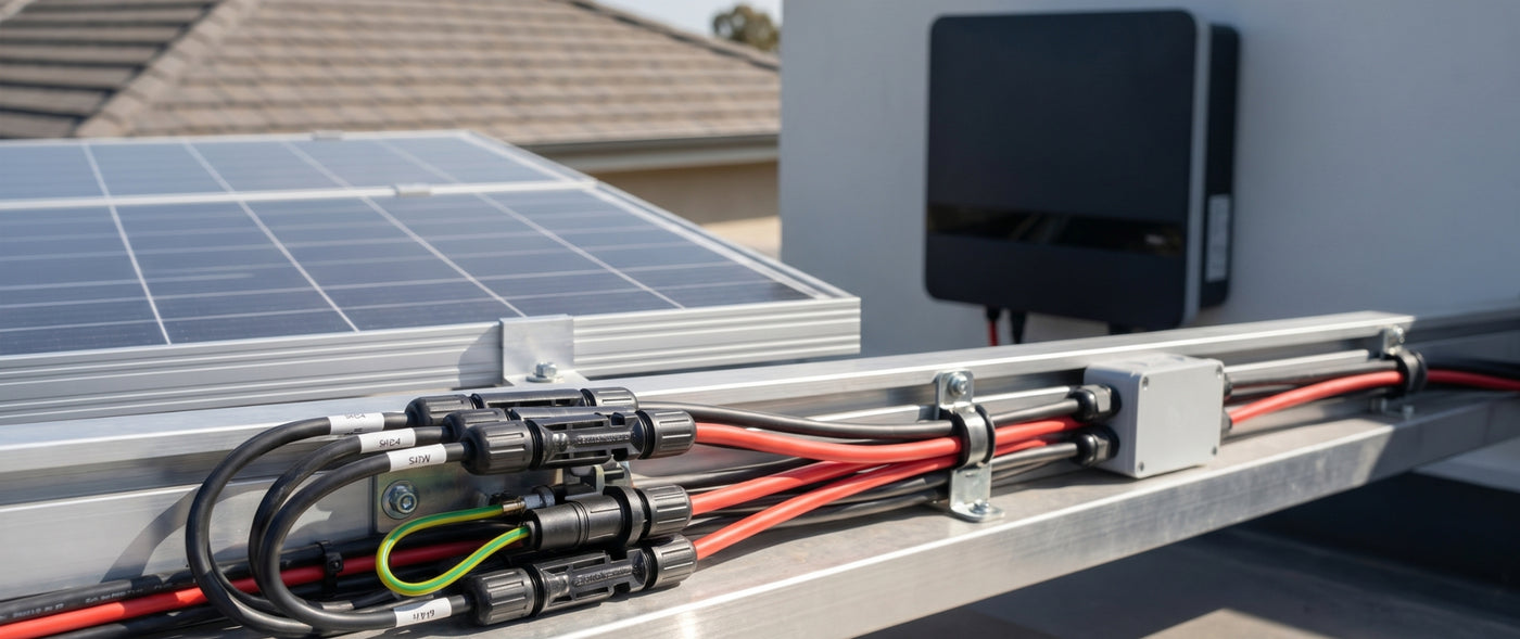 Energie-Verbindungskabel mit Steckverbindern an einer PV-Anlage zur Verbindung von Solarmodul und Wechselrichter
