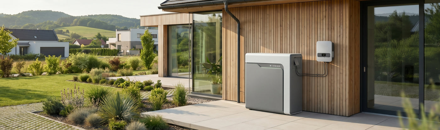Heimspeicher mit Wechselrichter an einem modernen Einfamilienhaus zur Speicherung von Solarstrom