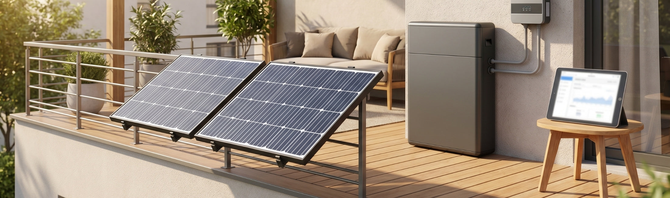 Balkonkraftwerk mit Speicher, Solarpanelen und smarter Energieüberwachung
