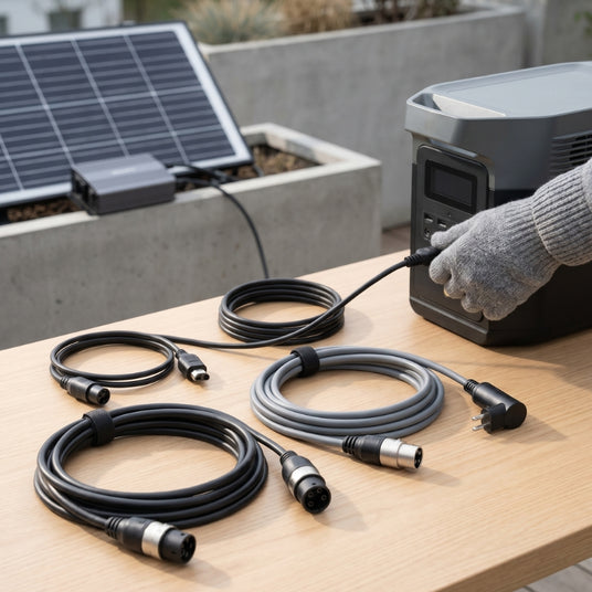 Verbindungskabel und Adapter für Powerstation und Solarmodul auf einer Terrasse