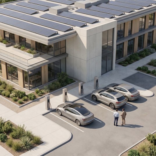 Gewerbliche PV-Anlage auf einem Firmengebäude mit Wallboxen und Elektroautos