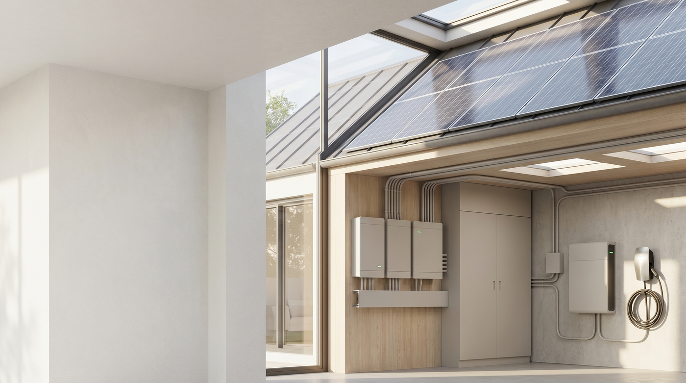 PV-Anlage mit Speicher, Wechselrichter und Wallbox für modernes Energiemanagement im Haus