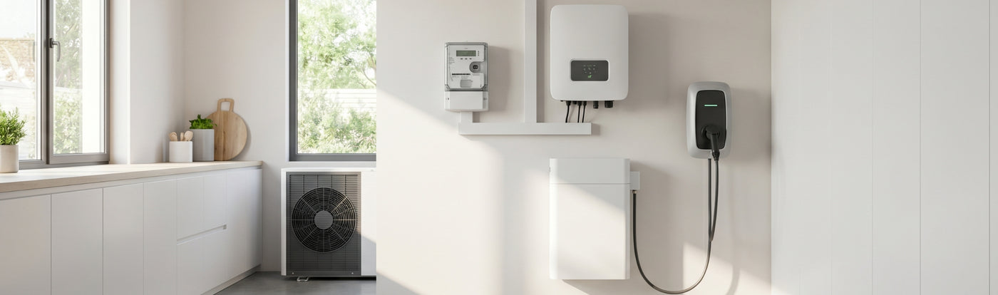 Smart Meter mit PV-Wechselrichter, Batteriespeicher, Wallbox und Wärmepumpe für Energiemanagement im Haus