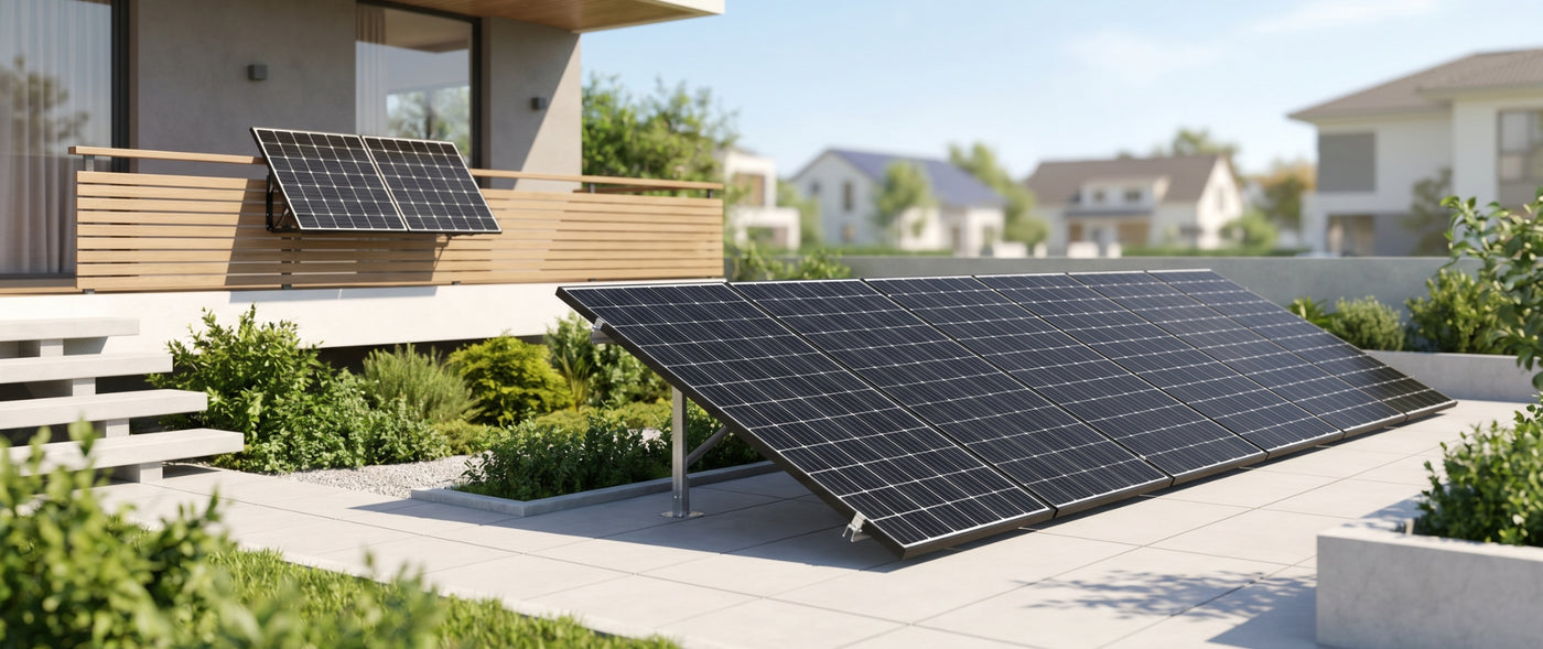 Solarpaneele auf Flachdach und Balkon einer modernen Wohnanlage zur nachhaltigen Stromerzeugung