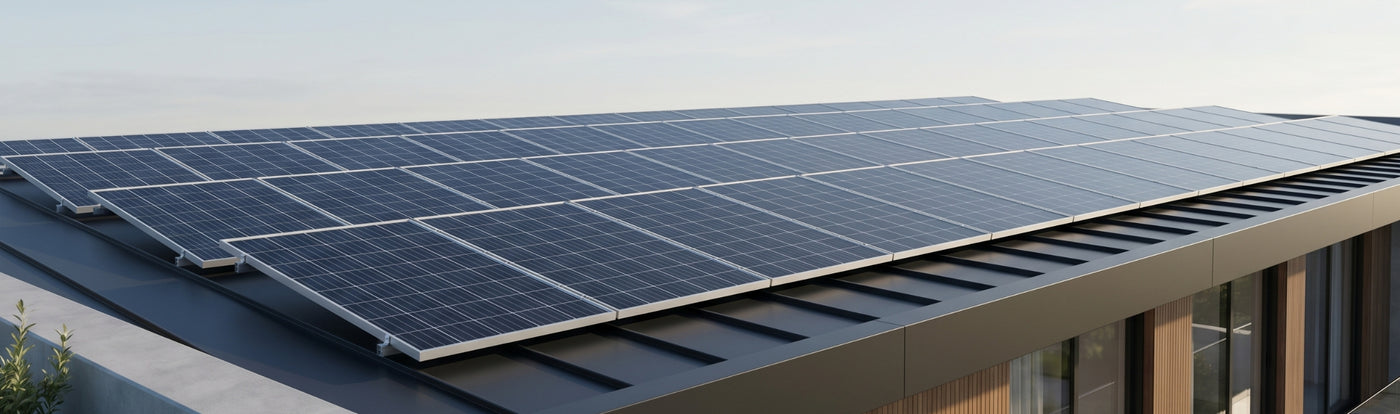 Solarpaneele auf dem Flachdach eines modernen Wohngebäudes zur nachhaltigen Stromerzeugung