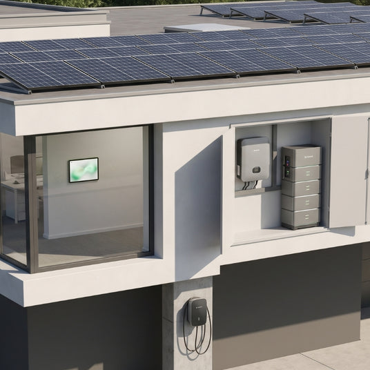 Solplanet PV-Anlage mit Heimspeicher, Wechselrichter und Wallbox an einem modernen Haus