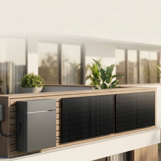 Sungrow Balkonkraftwerk mit Heimspeicher und Solarmodulen am Balkon eines modernen Wohngebäudes