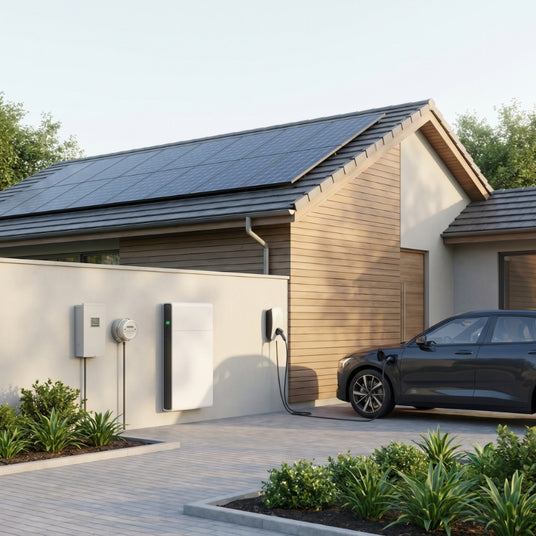 Sungrow PV-Anlage mit Heimspeicher, Wallbox und Elektroauto an einem modernen Einfamilienhaus