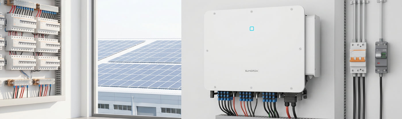 Sungrow Wechselrichter mit Stromverteilung und PV-Anlage auf einem Gewerbedach