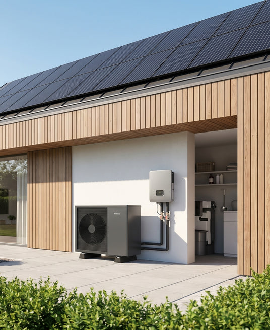Wärmepumpe an einem modernen Haus mit Holzfassade und PV-Anlage auf dem Dach