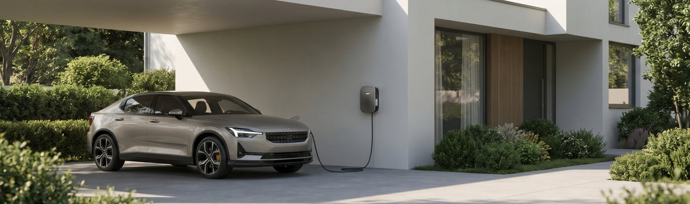 Wallbox-Ladestation mit Elektroauto unter einem Carport vor einem modernen Einfamilienhaus
