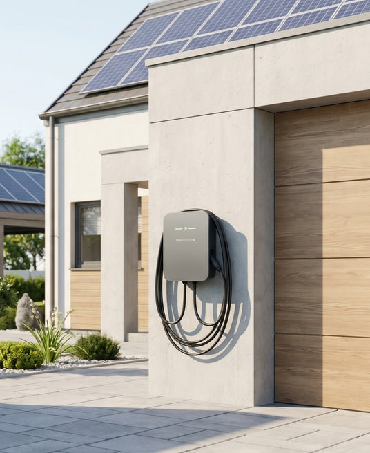 Wallbox-Ladestation an einem modernen Haus mit PV-Anlage auf dem Dach