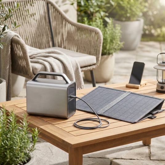Zendure Powerstation mit faltbarem Solarmodul auf einer Terrasse zur mobilen Stromversorgung